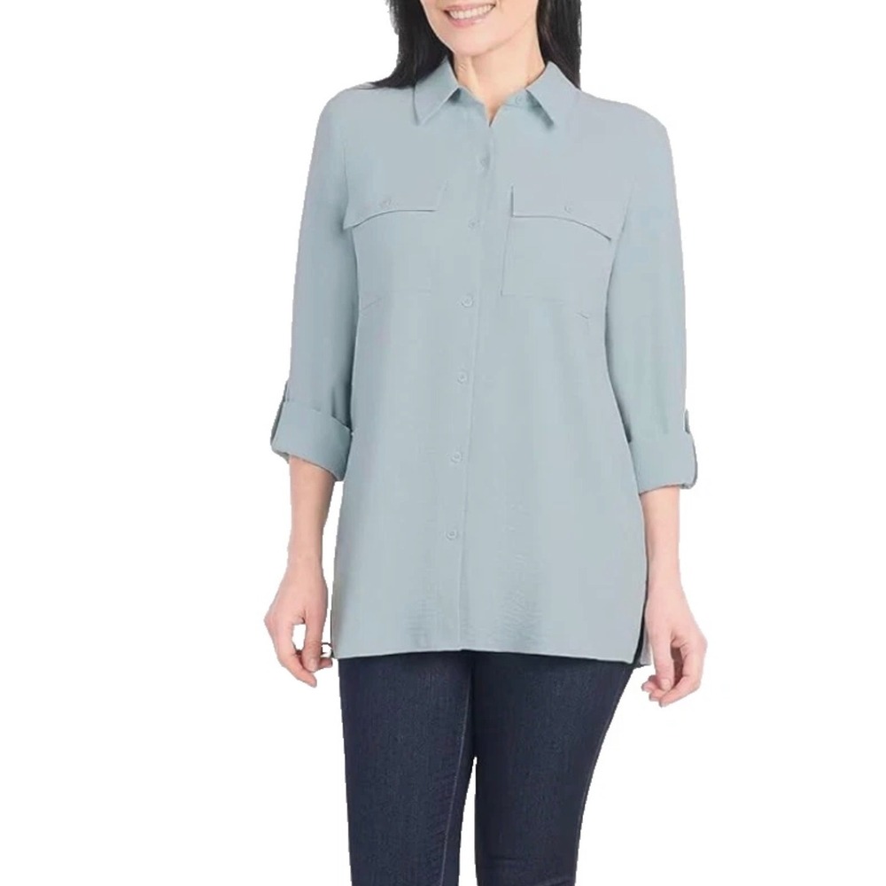 Hilary Radley Womens XXL Light Blue Roll Tab Sleeve Button Down Tunic Top Office